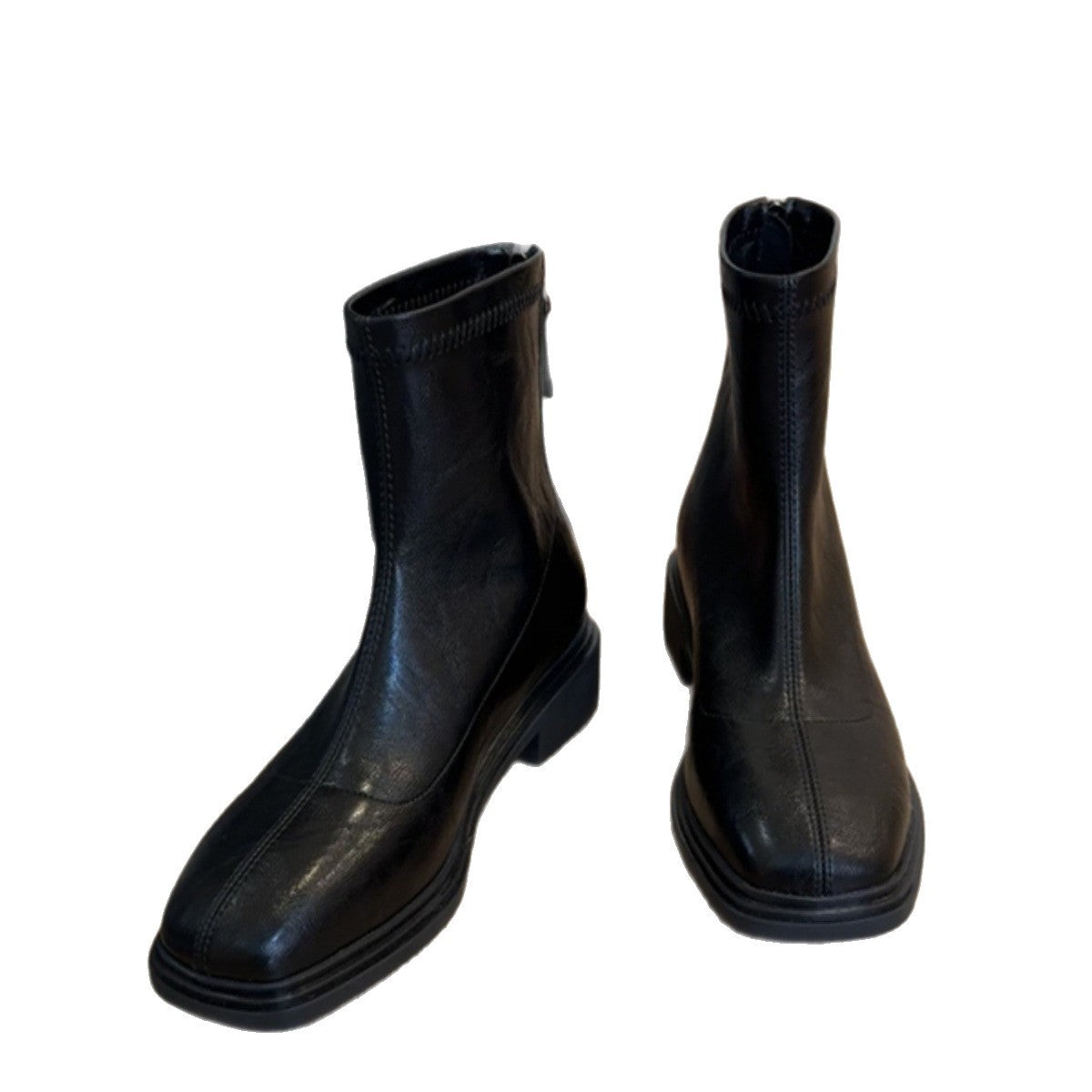 Women's Cowhide Version Genuine Chunky Booties Fleece-lined Black British Style Retro Boots