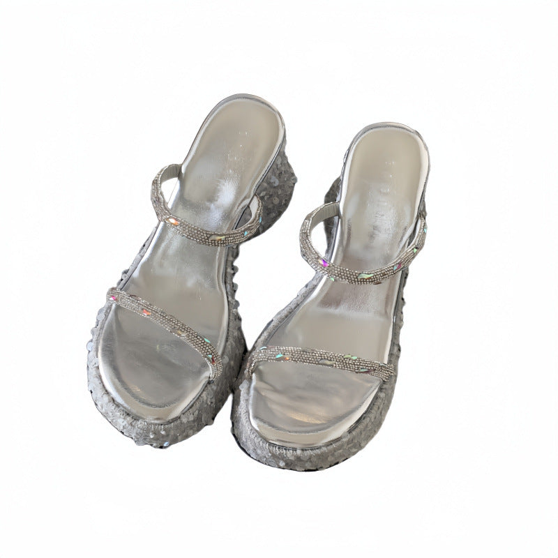 Women's Platform Wedge Summer Wear Fashionable Sequins Transparent Word Toe Covering Thick-soles Slippers