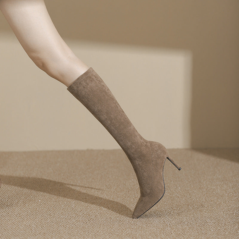 Autumn Black High-heeled Stretch Below The Women's Leather Boots
