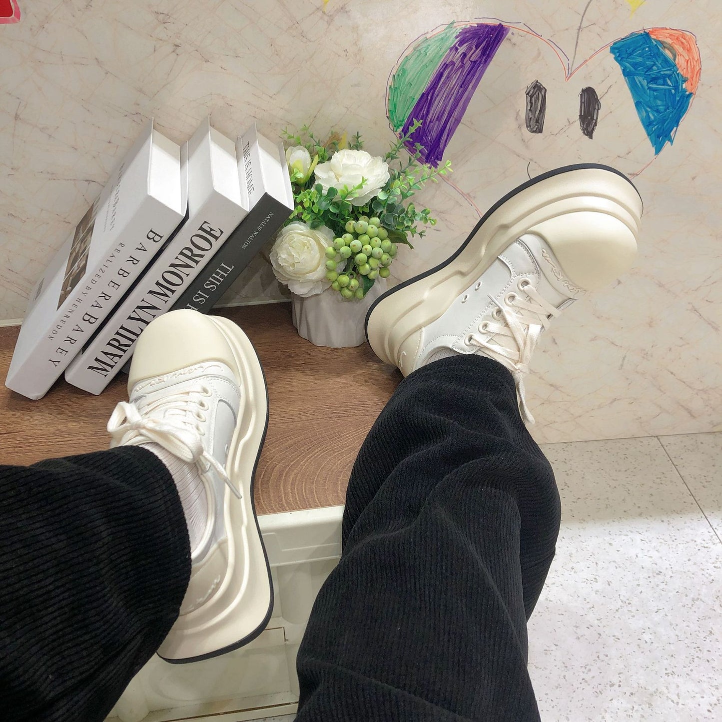 Women's Black White Round Toe Mickey Big Head Ugly Cute Thick Casual Shoes