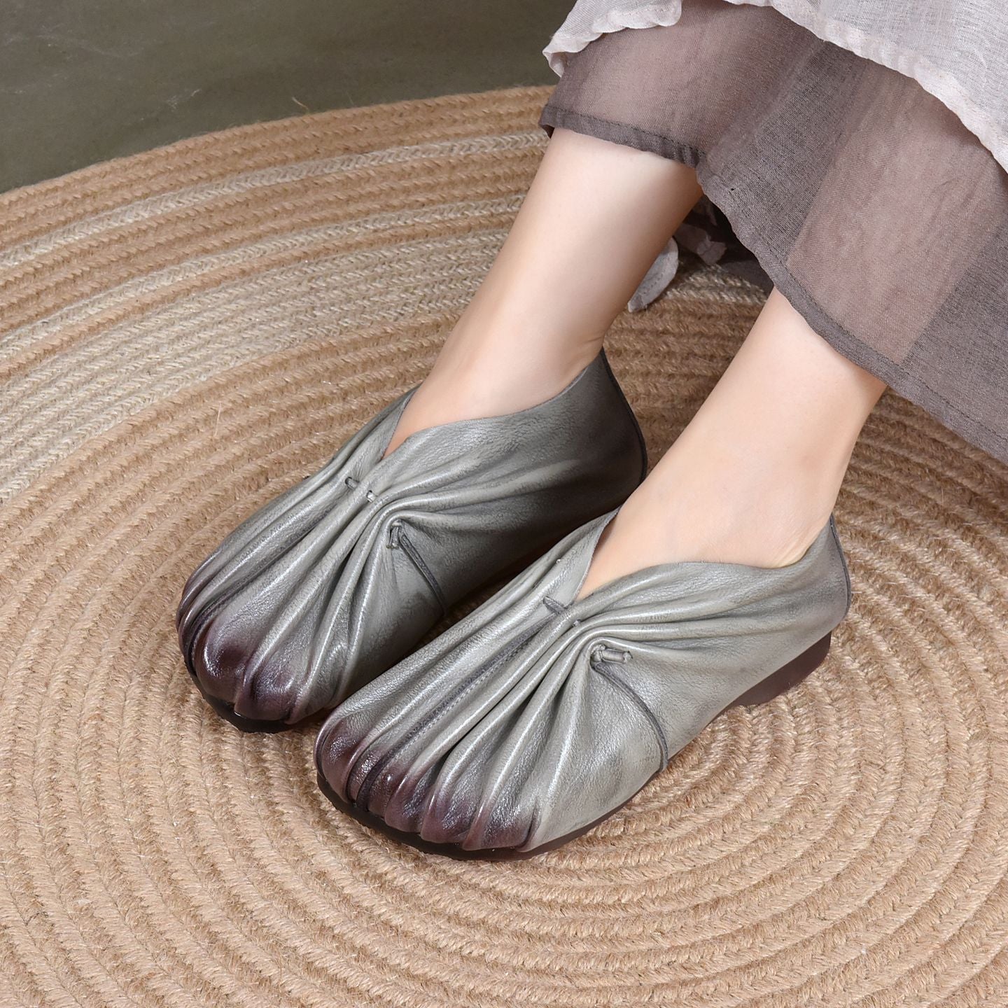 Autumn Cowhide Pleated Woven Pumps Low Soft Women's Casual Shoes
