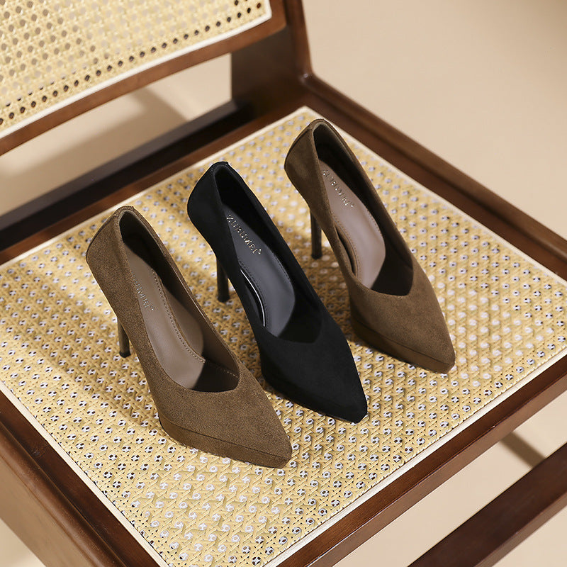 Women's Low-cut Wedding Banquet Pointed Stiletto Suede Platform Heels