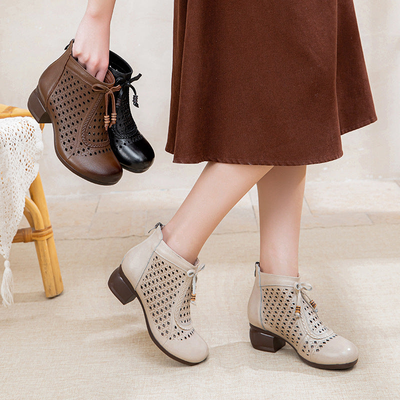 Women's Ethnic Style Martin Round Toe Genuine Hole High Heeled Sandals