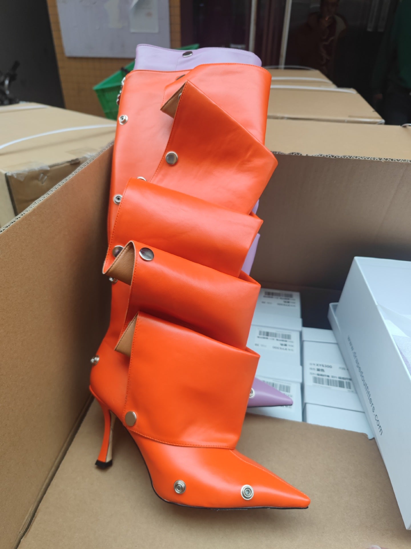 Women's High Metal Rivet Denim Stitching Two-way Pile Style Knee-length Large Women's Leather Boots