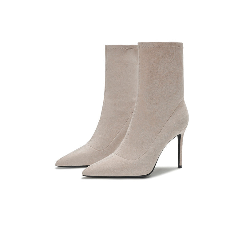 Women's Fashion Pointed Ankle Thin High-heel Suede Solid Color Sleeve Women's Leather Boots