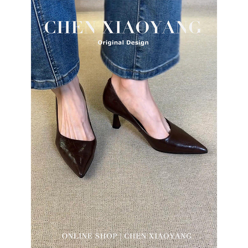 Women's Cowhide Version Black High Female Cat French Mid Professional Women's Shoes