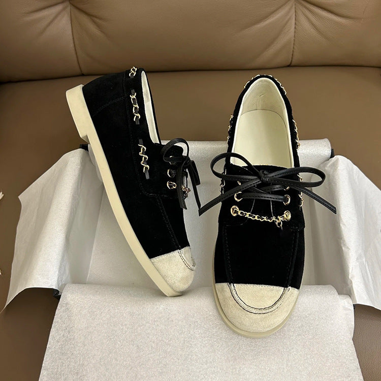 Women's Spring Classic Style Metal Chain Suede Flat Bottom Color Sneakers