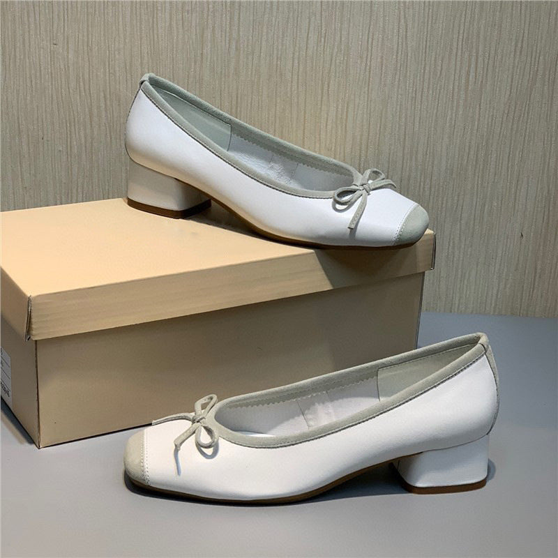 Women's Shallow Mouth Mid Round Head Genuine Bow Women's Shoes