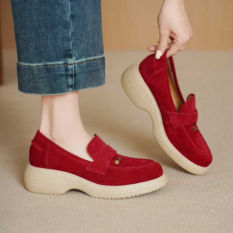 Women's French Retro Genuine Suede Platform Slip-on Deep Mouth Women's Fashion Shoes