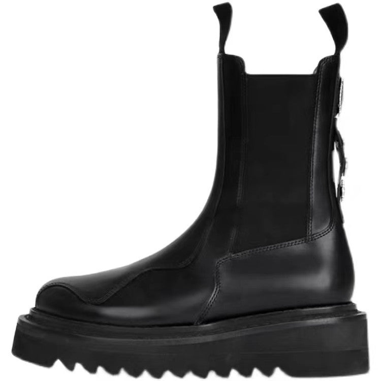 Women's Badge Buckle Height Increasing Desert Chelsea Thick-soled Women's Leather Boots