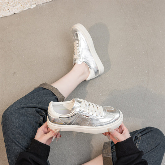 Women's Cowhide Flat Spring White Comfortable Versatile Sneakers