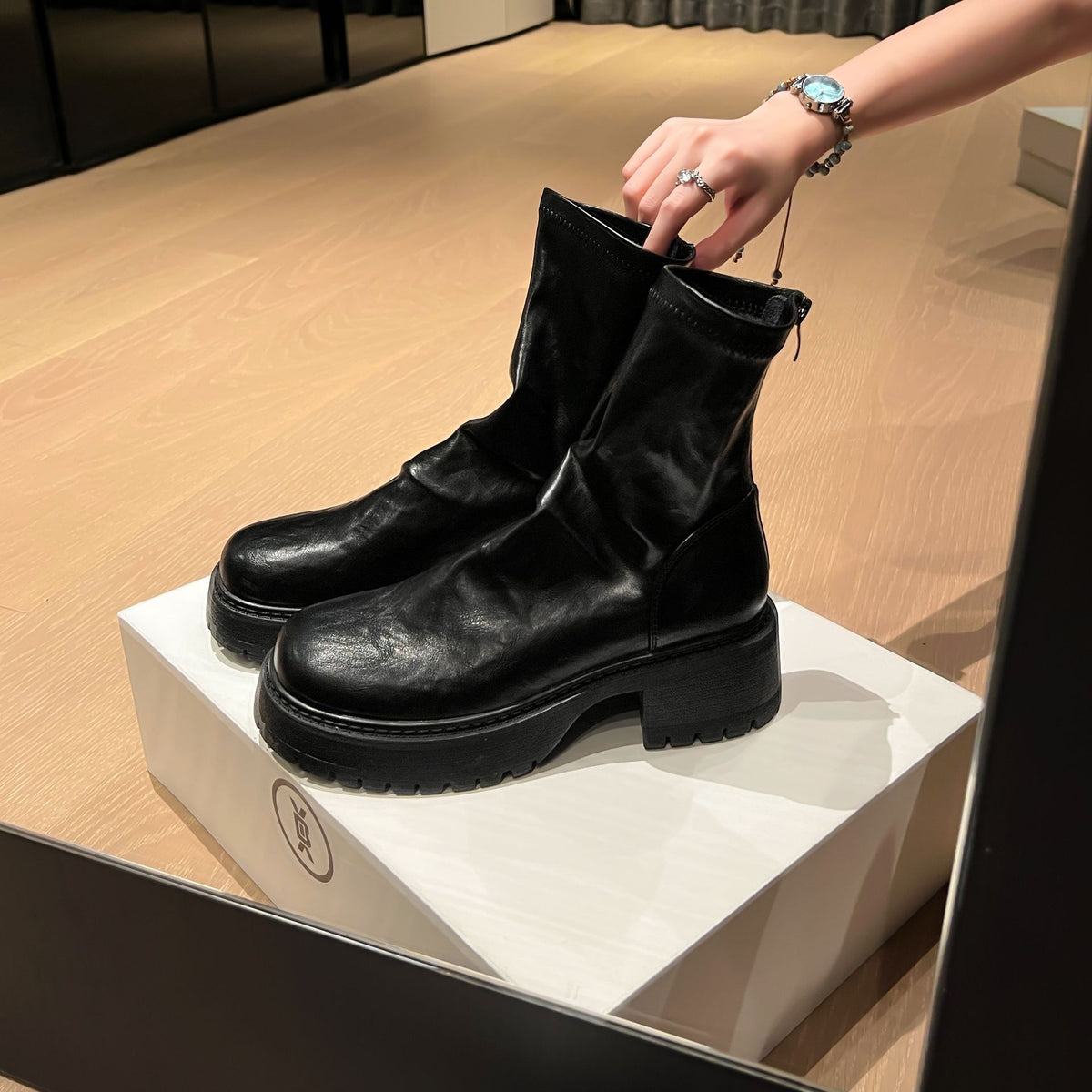Women's Uncle's Fleece-lined Pleated Skinny Ankle Open Stretch Pile Women's Leather Boots