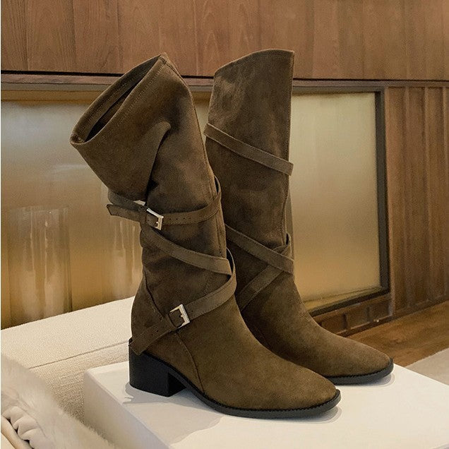 Women's Mom High Pile Style Cross Buckle Strap Tube Knee-high Knight Boots