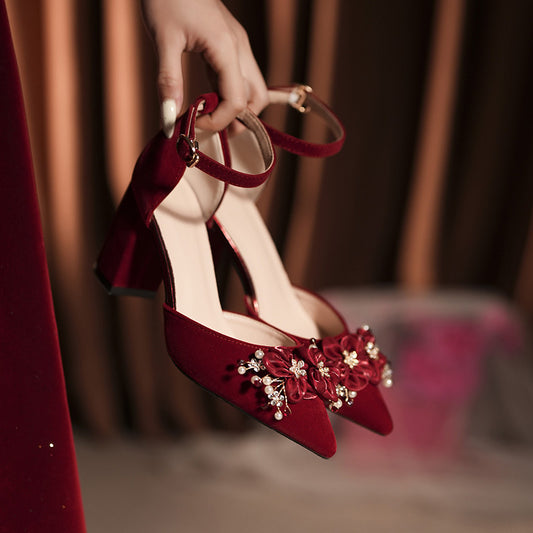Women's Red Wedding Bridal Small Size Chunky Widened Fattened Heels