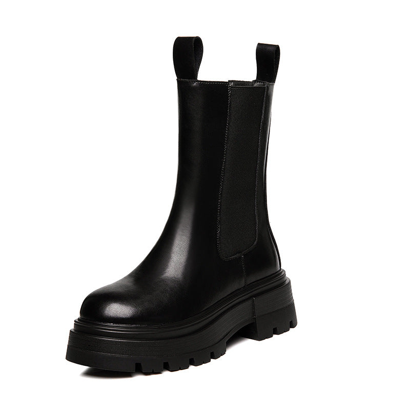 Women's British Style Thick-soled Slimming Smoke Pipe Height Women's Leather Boots