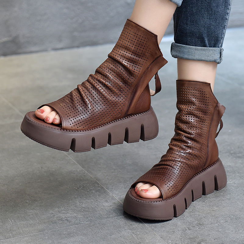 Women's Fashion Platform Cowhide Genuine Hole Peep Flat Sandals