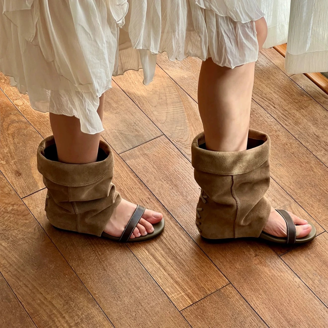Women's Version Korean Style Niche Height Increasing Insole Open Toe Round Women's Leather Boots
