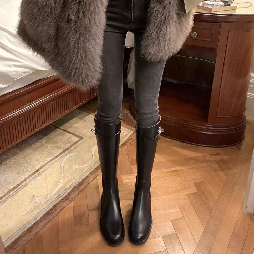 Women's Biker Round Head Chunky High Leg Thick Women's Leather Boots