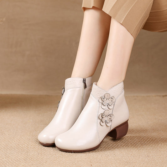 Women's Soft Bottom Surface Cattlehide Fashion Medium Chunky Flower Women's Cotton Shoes