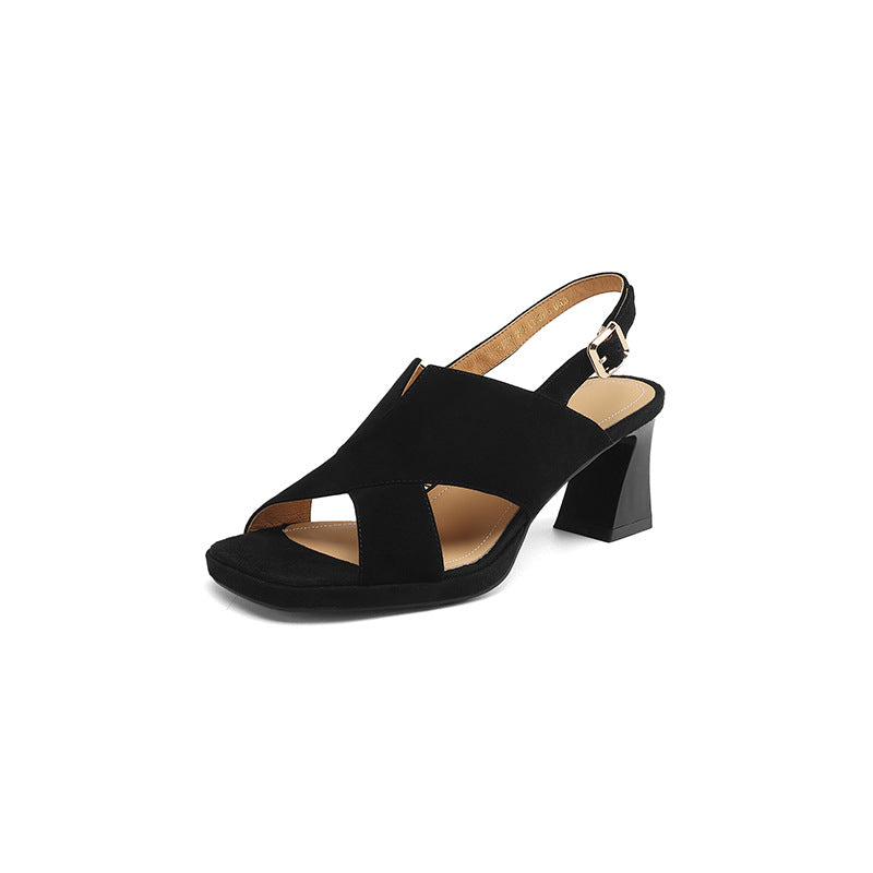 Sheepskin Summer Square Toe Chunky Open With Buckle Green High Heeled Sandals