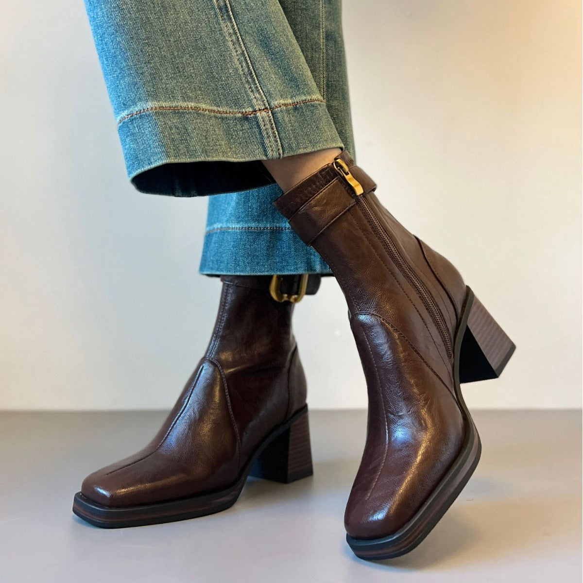 Women's Square Toe High Short Light Luxury Thick Thin Women's Leather Boots