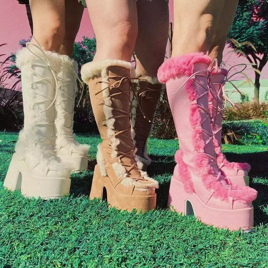 Women's Thick Bottom Banquet Large Size Furry Boots