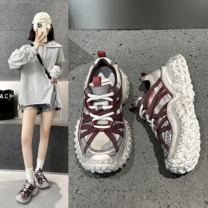 Women's Distressed Red Dad Spring Thick Sole Height Women's Sports Shoes