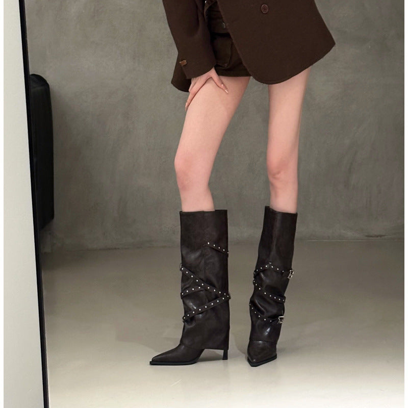 Women's Pants Pointed Toe Stiletto Rivet Hot Fried Street Women's Leather Boots