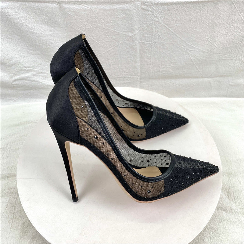 Women's Spring Breathable Mesh Diamond High Pointed Toe Shallow Mouth Heels