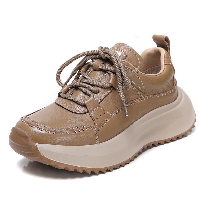 Women's First Layer Cowhide Platform Dad Comfortable Soft Bottom Round Casual Shoes