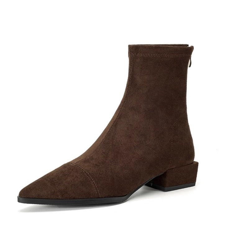 Women's Pointed Toe Stretch Thin Low Suede Chunky Back Women's Leather Boots