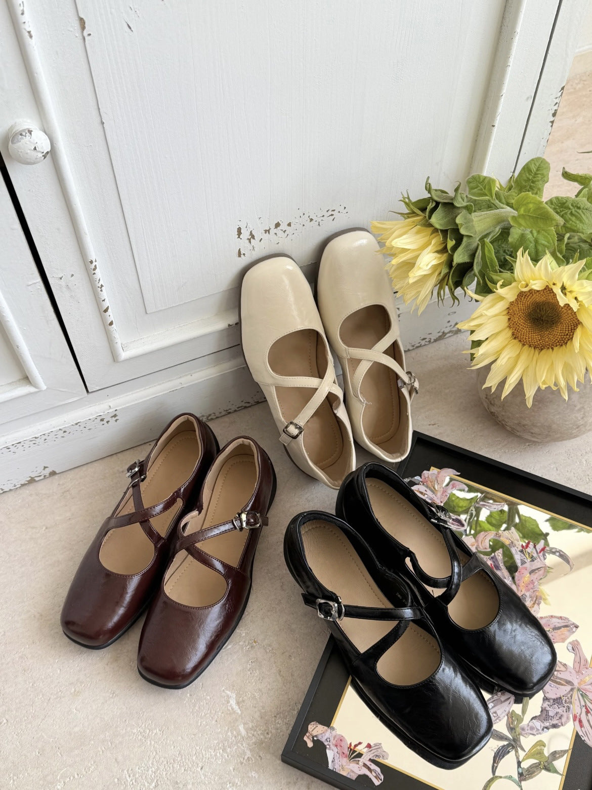 Women's French Flat Pumps Vintage Low-cut Square Head Ballet Women's Casual Shoes