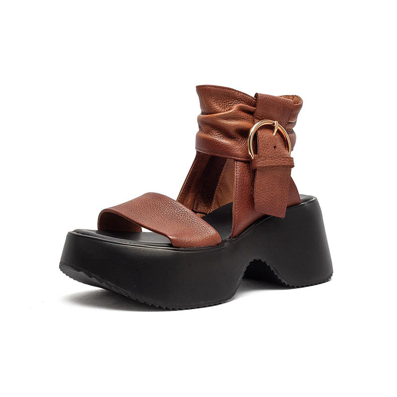 Women's Commuter First Layer Cowhide Ankle Side Zipper Small Height Platform Sandals