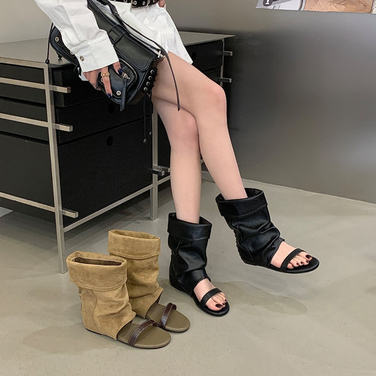 Women's Design Pile Style Summer Height Increasing Insole Open Women's Leather Boots
