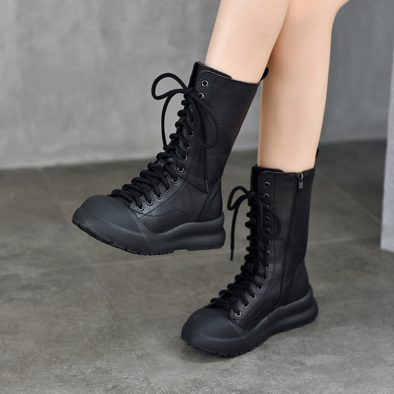 Retro Genuine Middle Tube Side Zipper Female Martin Thick Bottom Women's Leather Boots