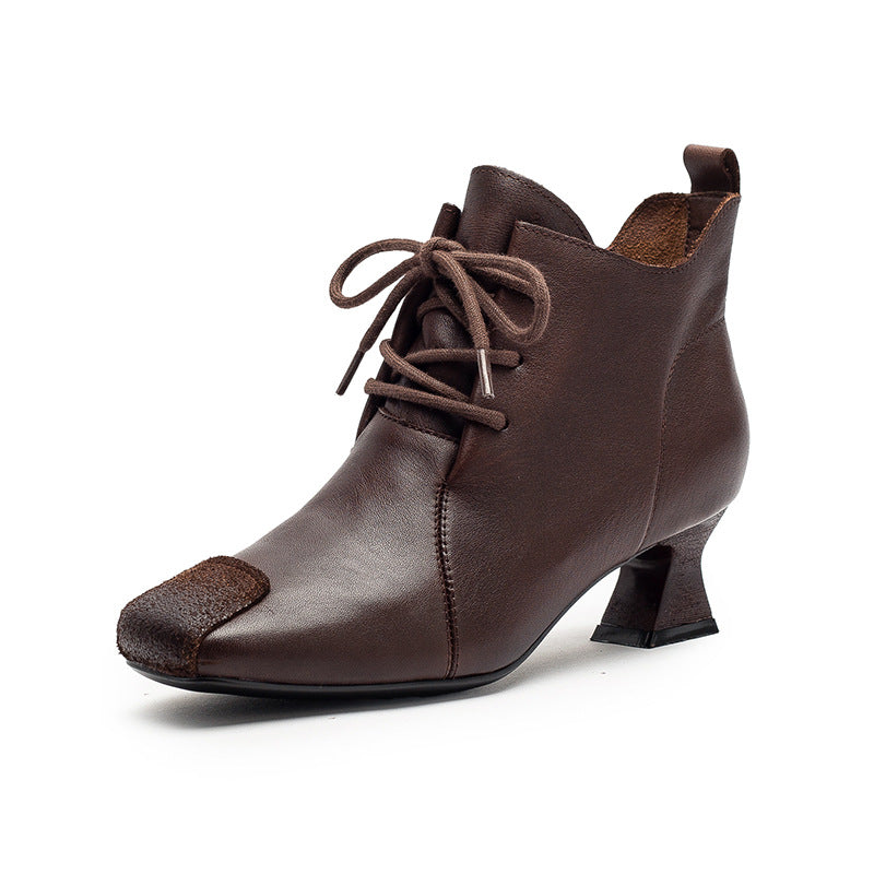 Women's Shu First Layer Cowhide Square Head Zipper High Fashion Women's Shoes