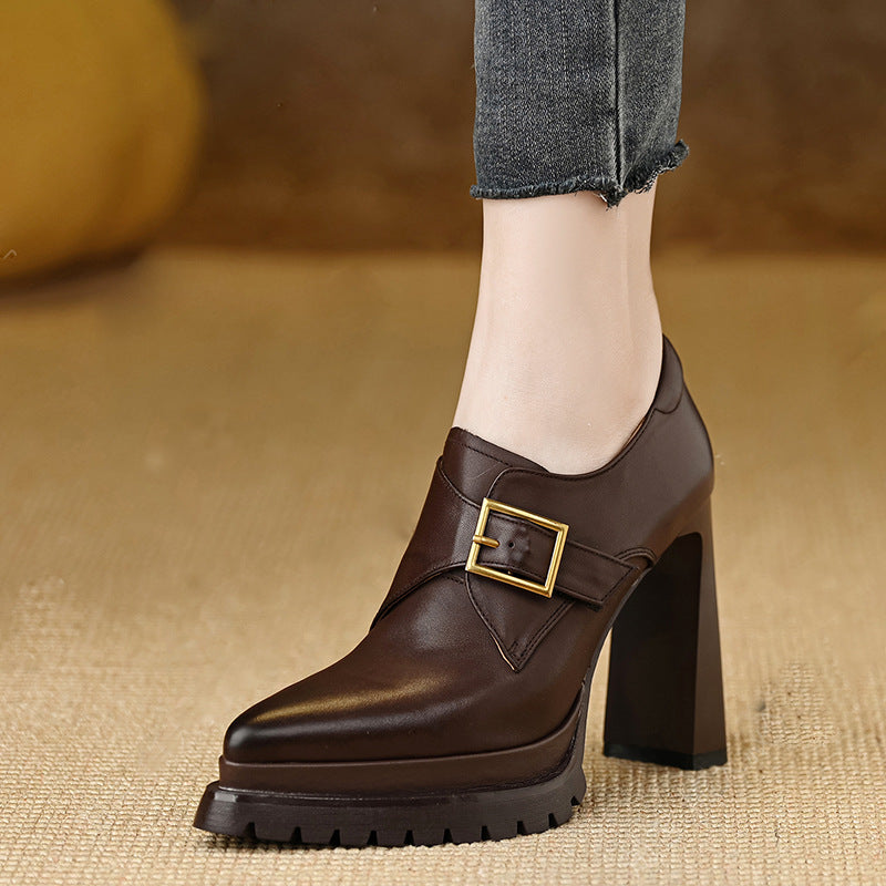 Mouth Pumps Female Autumn Temperament Pointed Thick Leather Shoes