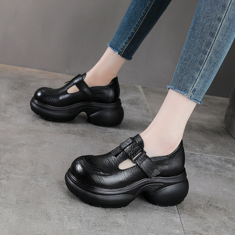 Women's Platform British Style First Layer Cowhide Round Toe Velcro Women's Fashion Shoes