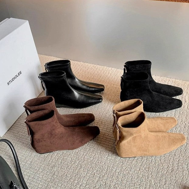 Insole Minimalist Square Toe Back Zipper Thin Booties Female Genuine Women's Leather Boots