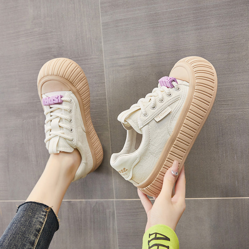 Women's Genuine Live White Spring Versatile Platform Muffin Sneakers
