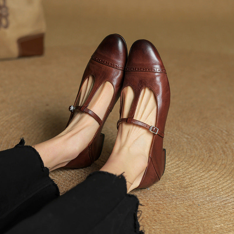 Women's First Layer Cowhide Retro Style Pumps Thick Women's Fashion Shoes