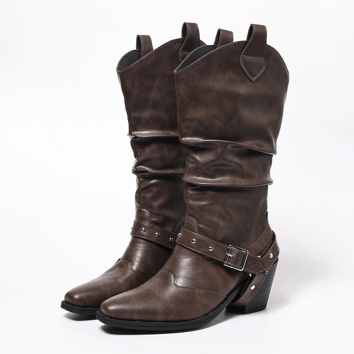 Women's Belt Buckle Square Toe Chunky Western Women's Leather Boots