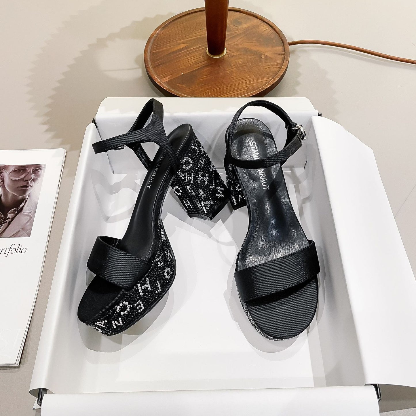 Women's Rhinestone Letters Chunky Buckle Sexy Waterproof High Heeled Sandals