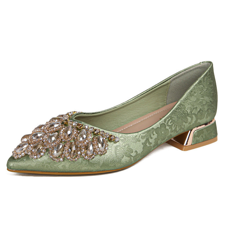 Women's Chinese Style Pointed Toe Pumps Chunky Mid Handmade Women's Fashion Shoes
