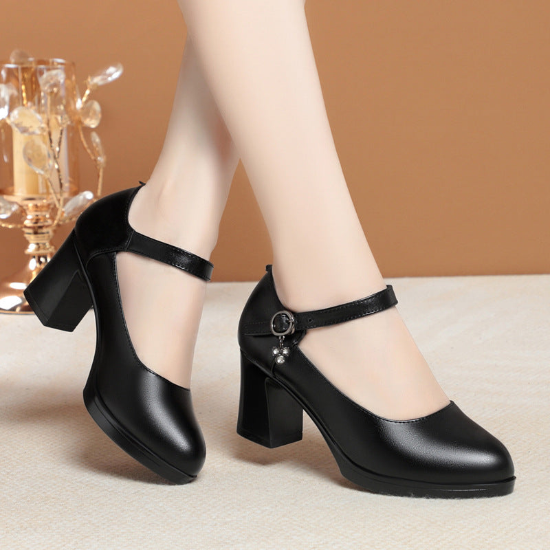 Women's Korean Style Mid Cowhide Low-cut Chunky Mom Dancing Single-layer Heels
