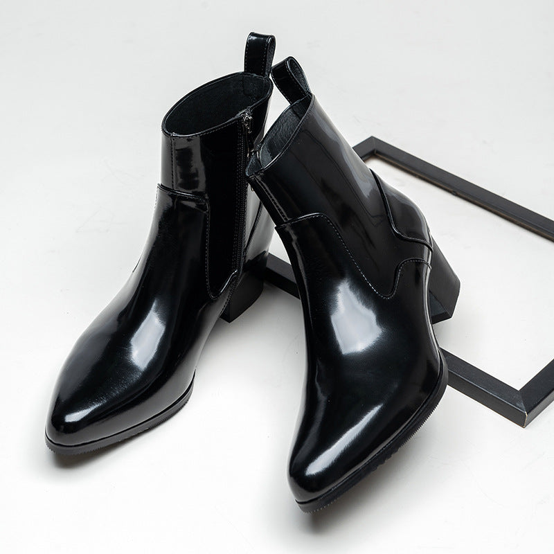 Men's Winter Black Pointed Genuine Elevator Zip Boots