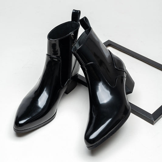 Men's Winter Black Pointed Genuine Elevator Zip Boots