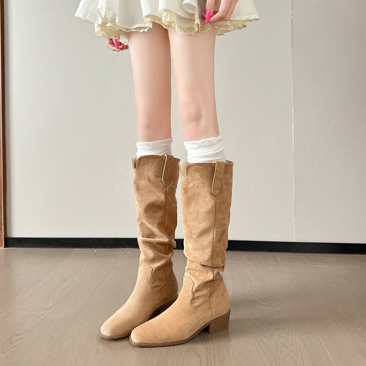 Pile Style Height Increasing Insole Summer Chunky Women's Leather Boots
