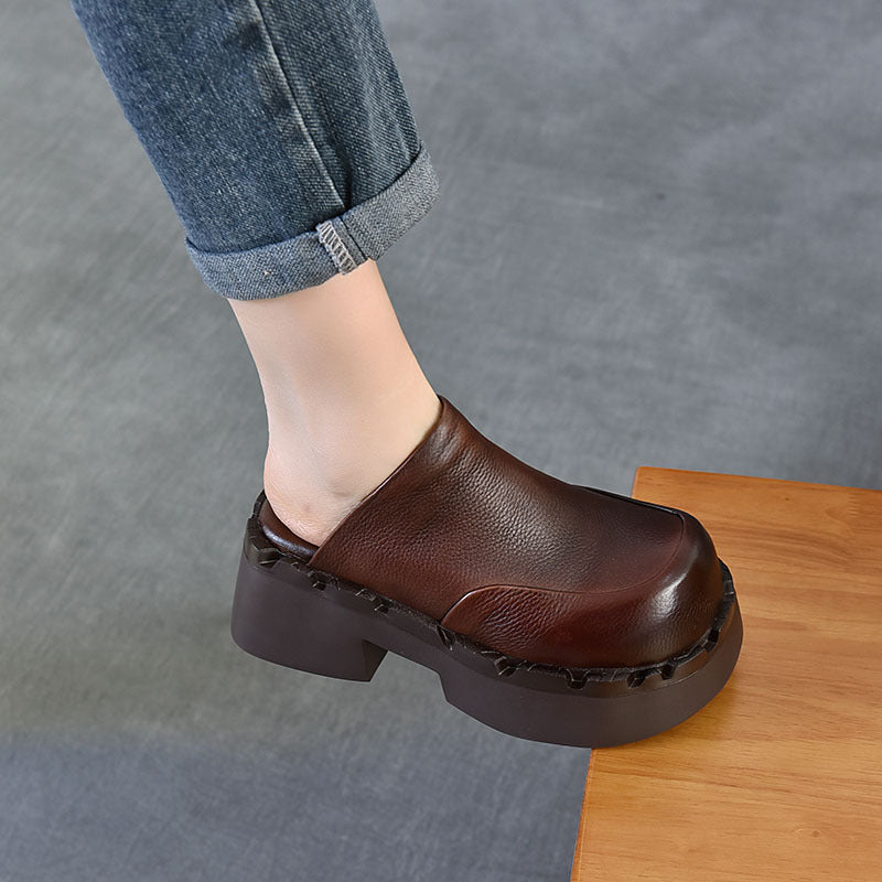 With First Layer Of Cowhide Retro Platform For Outer Thick-soles Slippers