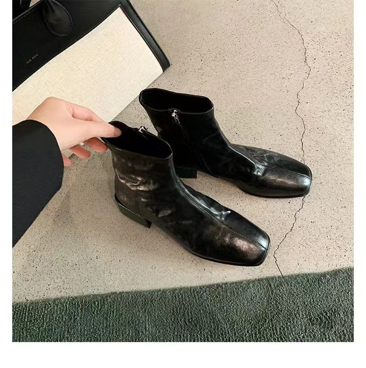 Cowhide Square Toe Washed Horse Skinny Ankle Chunky Platform Women's Leather Boots